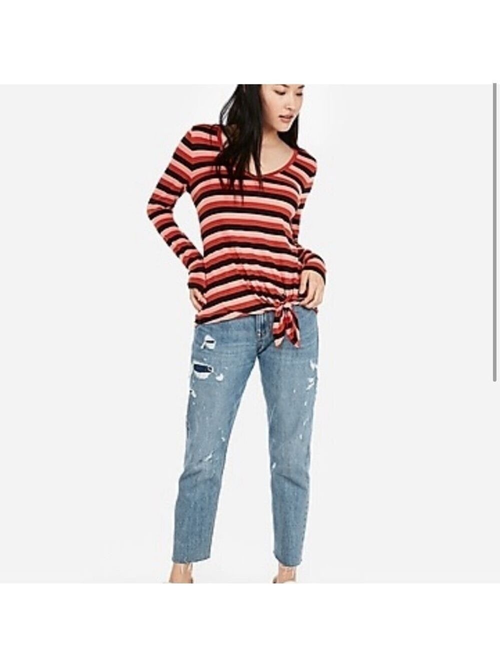 Express Striped V-Neck Side Tie Easy Tee